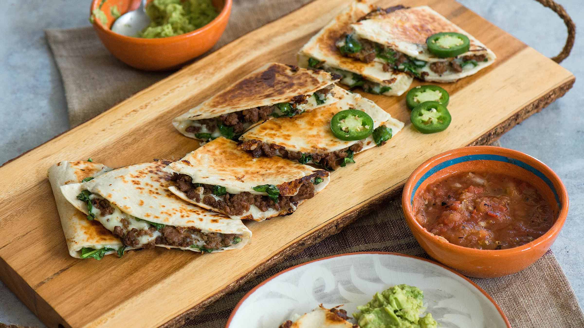 Beef Brisket Steak Burger Quesadillas with Spinach